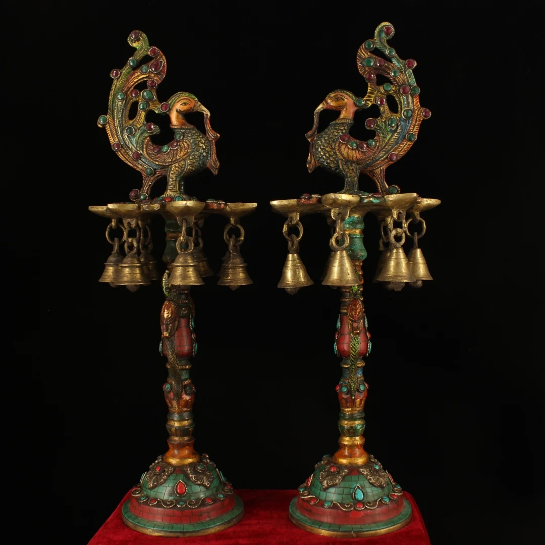 

17"Tibetan Temple Collection Old Bronze Outline in gold Mosaic Gem Turquoise Phoenix Lotus Wind Chime Candlestick Oil lamp