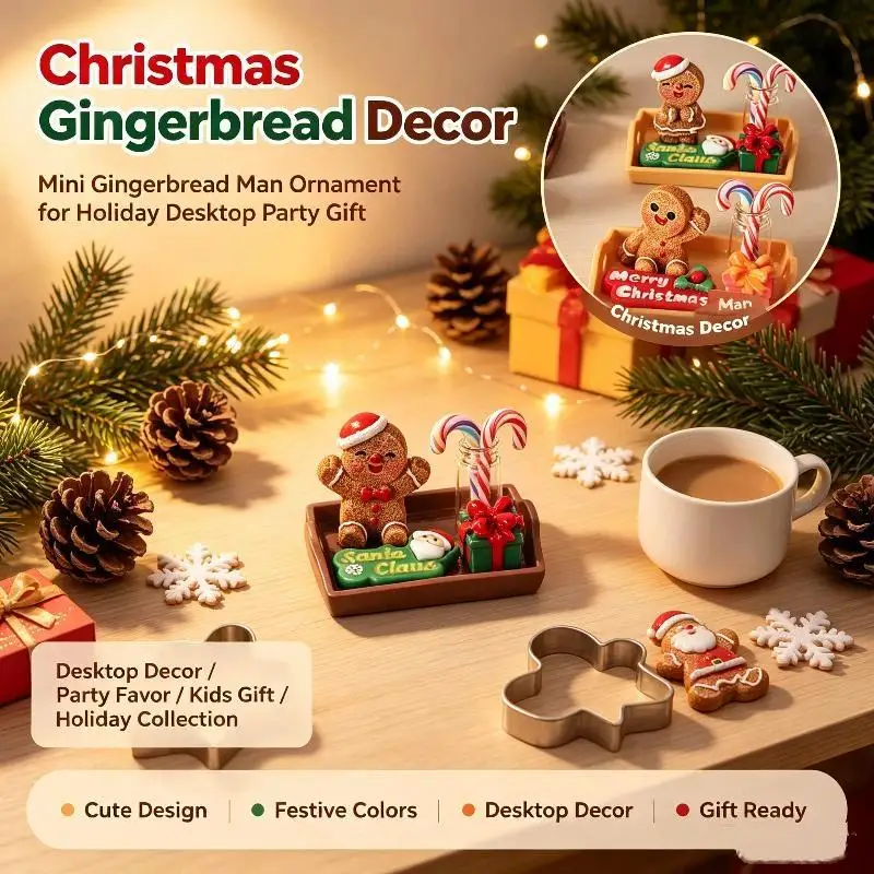 6Pcs Mini Christmas Gingerbread Man Resin Ornament Set Durable Desktop Decor for DIY Kids Christmas Party Decoration