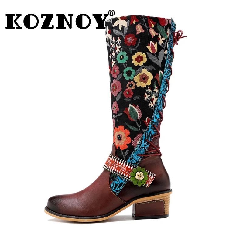 

Koznoy Women Boots Trend 2023 5cm Jacquard Print Cloth Genuine Leather Autumn Spring Plus Size Knee High Flats Lady Flower Shoes