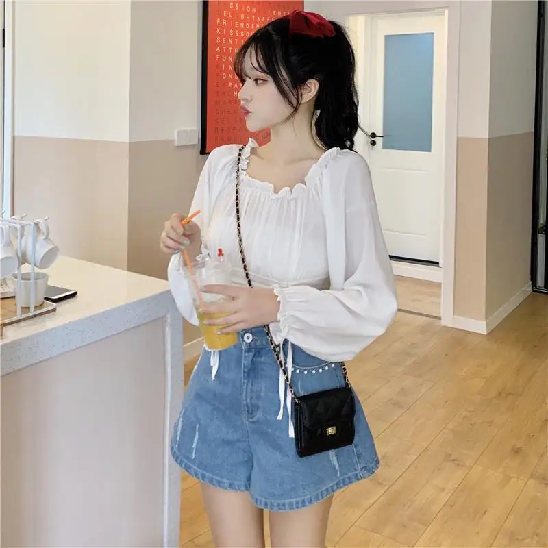 Blouses Women Off Shoulder Sexy Y2k Slash Neck Spring Cropped Female Dating Streetwear Vacation Clothing Students Korean Style