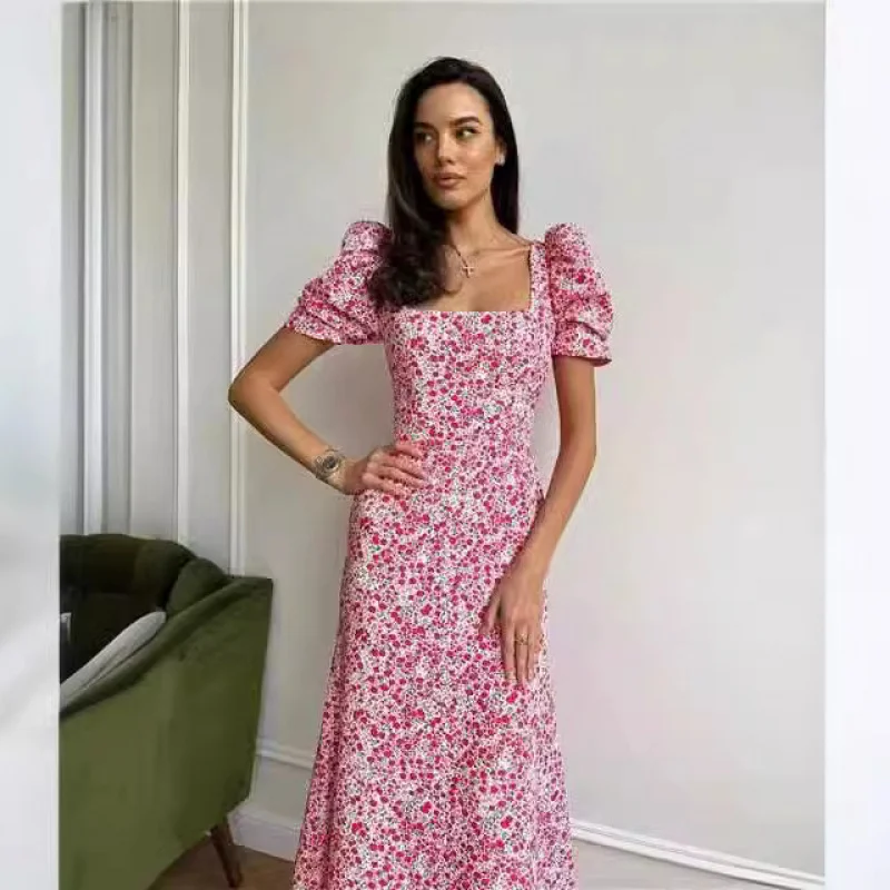 2025 النمط الأوروبي والأمريكي الفرنسي فستان طويل صيف جديد الخصر مقصوص التخسيس أنيقة المرأة الأزهار قصيرة الأكمام D