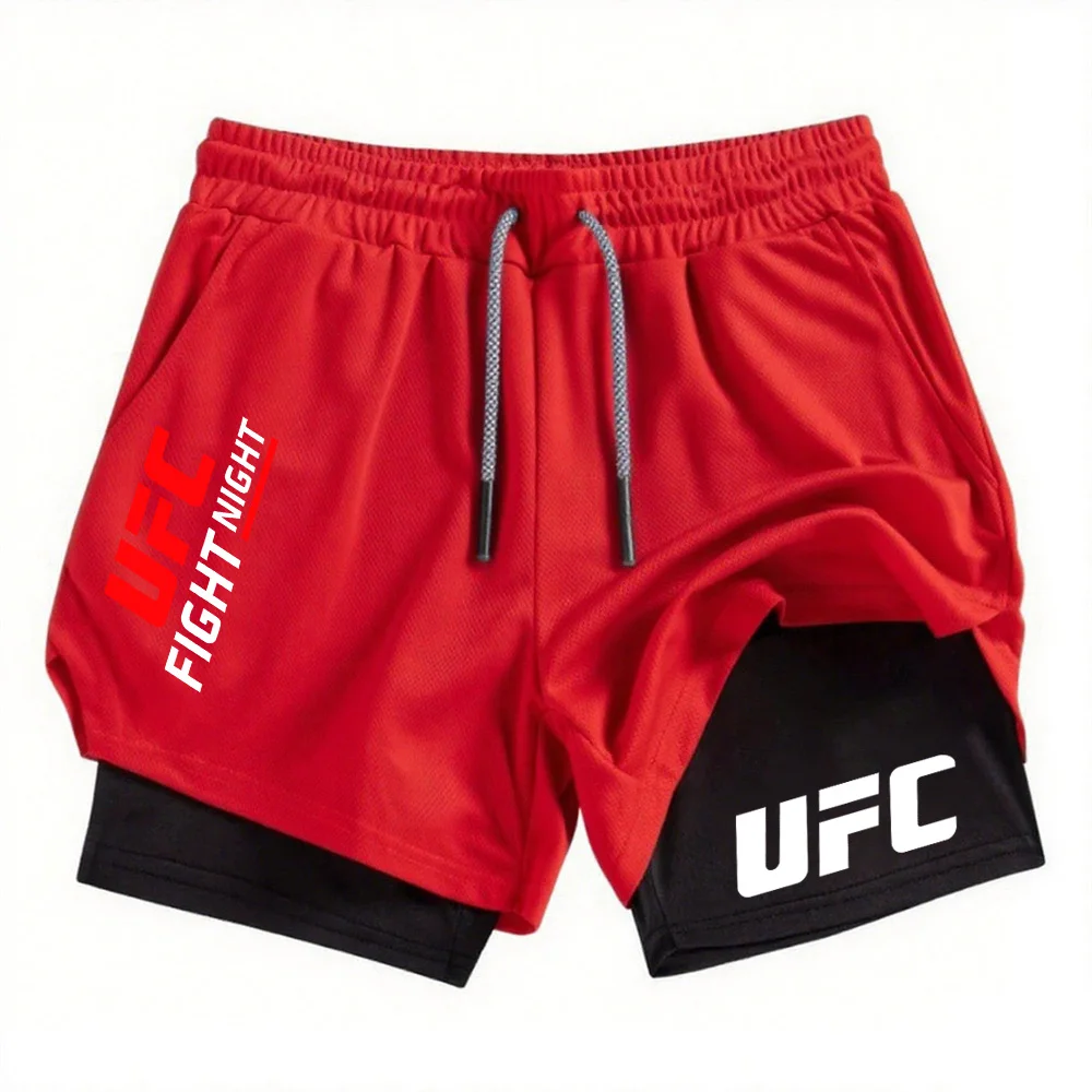

2026UFC Men's Double Layer Fitness Shorts Men Fitness Gym Training 2 in 1 Sports Shorts Quick Dry Workout Jogging Double Deck