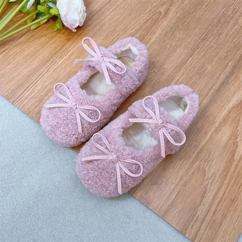 2024 Winter New Children Flats Fashion Double Bowknot Fur Cover Toe Warm Kids Casual Shoe Plush Warm Non-slip Mary Jane Shoes