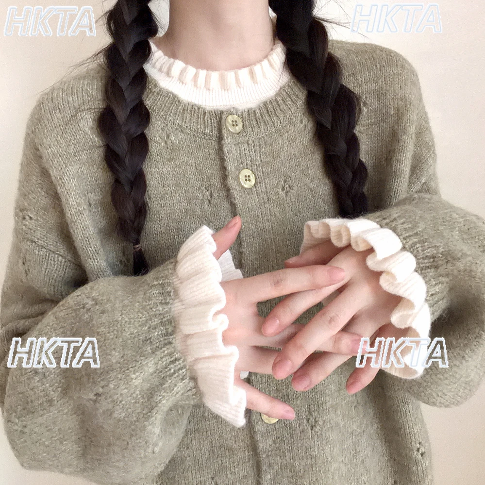 

Японский винтажный повседневный универсальный кружевной вязаный пуловер с круглым вырезом и длинными рукавами, зимний милый свободный повседневный базовый свитер, женский топ