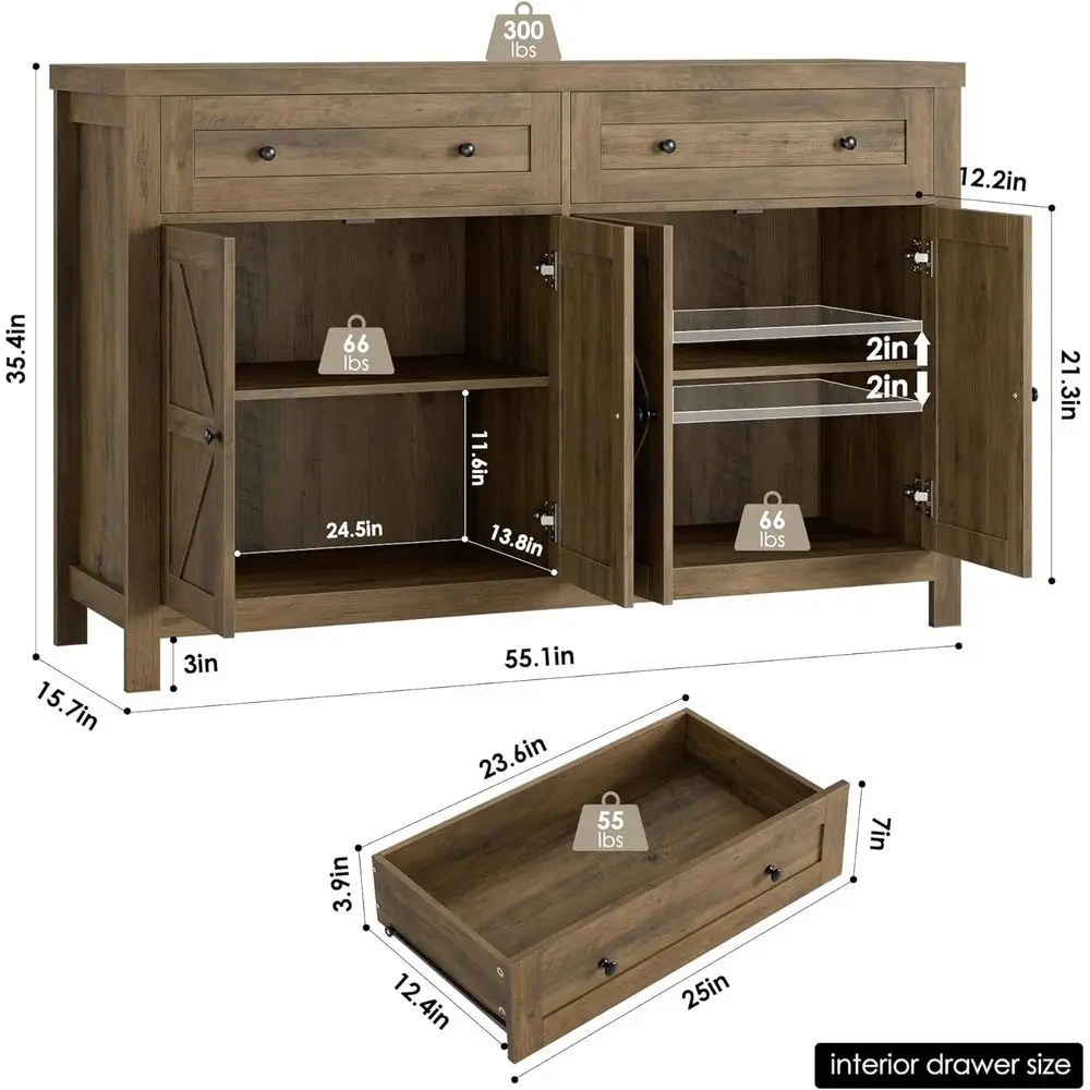 خزانة بوفيه Modern Farmhouse 55 مع أبواب الحظيرة وأدراج تخزين ورفوف، بني ريفي