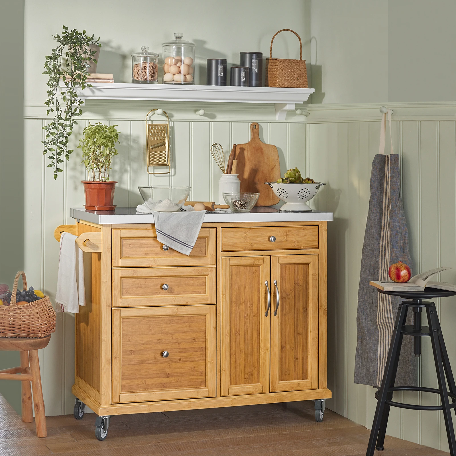 SoBuy FKW70-N Kücheninsel auf Rollen mit Edelstahl-Arbeitsplatte und Schubladen, Barwagen Natur 115x92x46cm – Detail 1