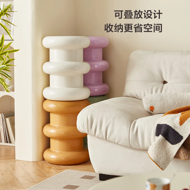 Creamy White Round Ottoman Stool with Retro Design, Multi-Functional Side Table Footrest Living Room Bedroom Entryway Home Decor