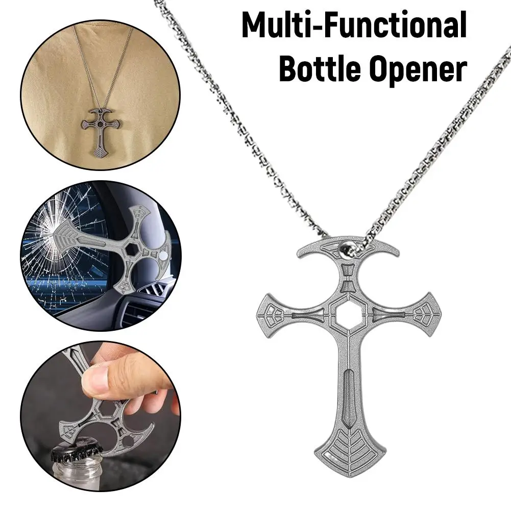 Multi-Functional Cross Necklace Bottle Opener Emergency Window Breaker Pendant EDC Outdoor Camping Tools Jewelry Gift For Men
