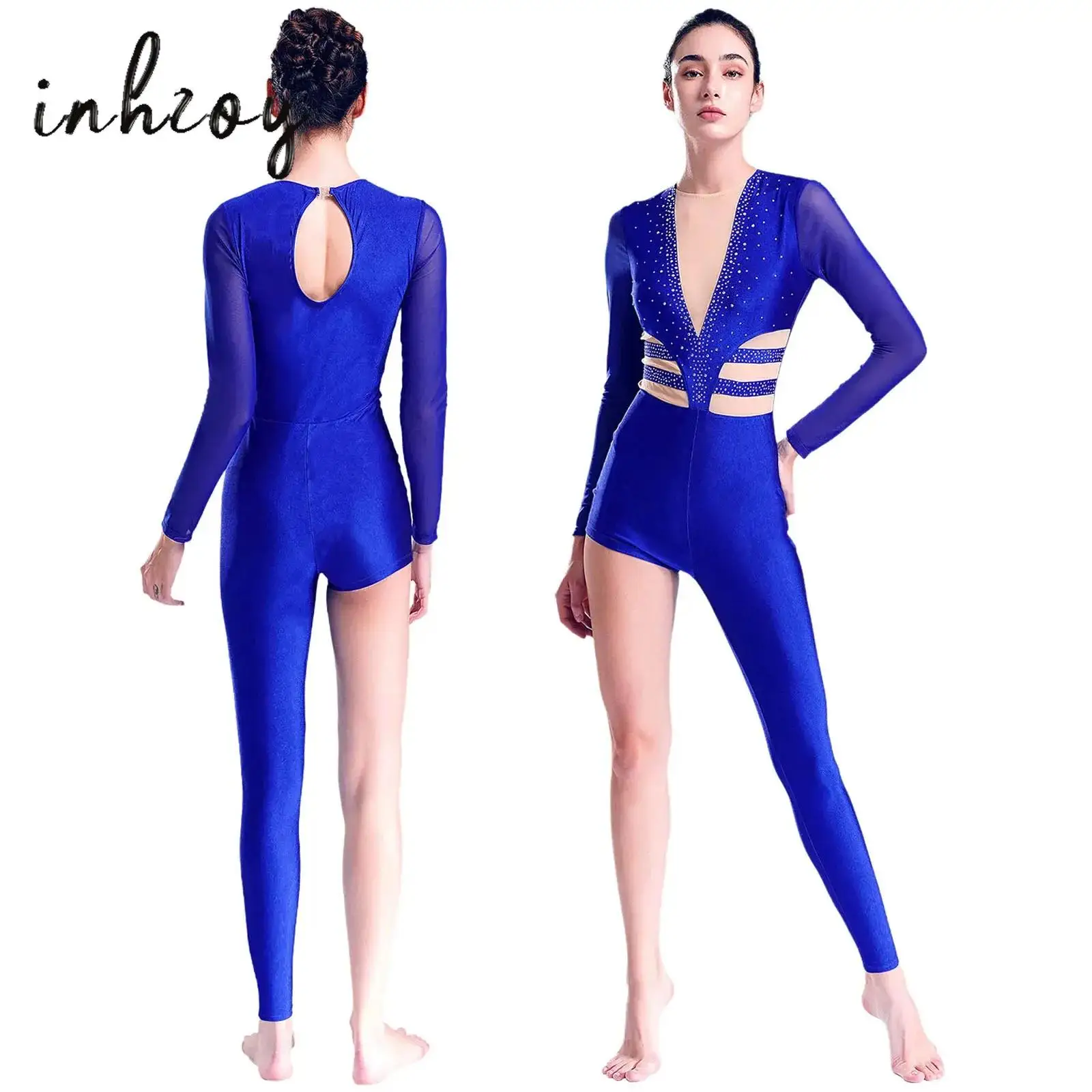 Womens Asymmetrical Jumpsuit Single Leg Mesh Rhinestones Ballet Gymnastics Full Bodysuit Latin Dance Figure Skating Costume