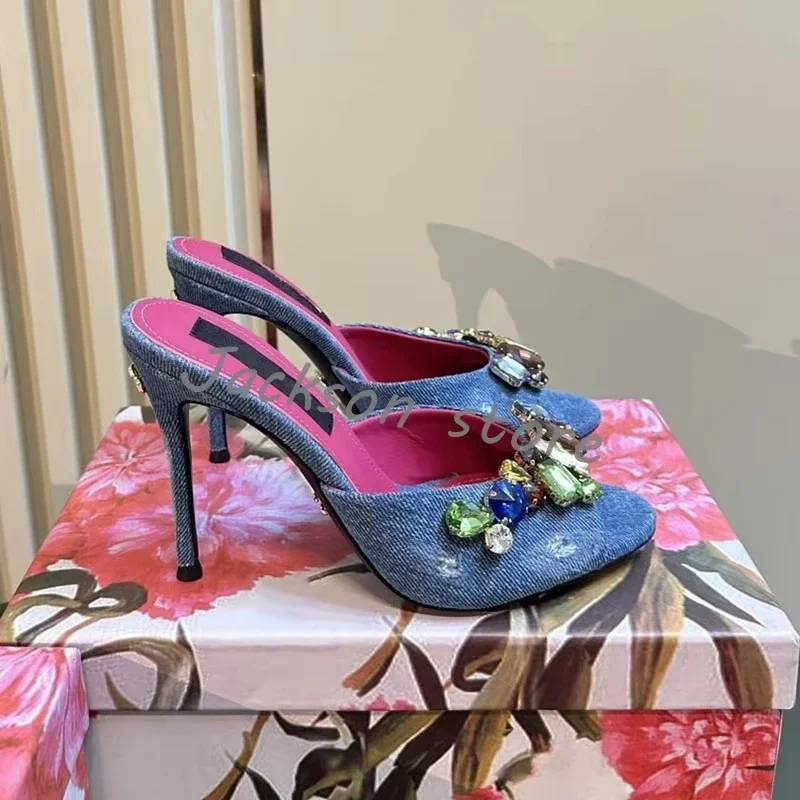 2025 المرأة مختلط الألوان حجر الراين الدنيم النعال عادية عالية الكعب تنوعا العصرية خنجر الراحة فستان أحذية اليدوية