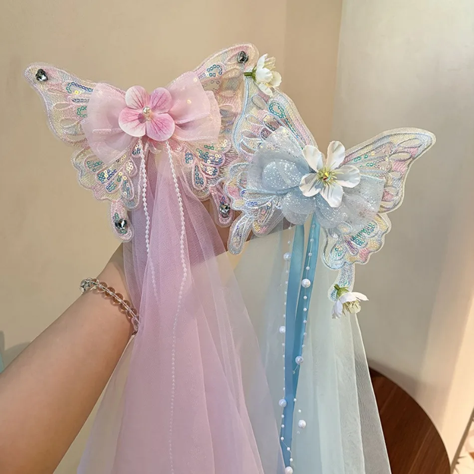 

New Girls Fairy Butterfly Veil Hairpin Roddler Princess Dress Up Back Hair Clips Children Back Big Bow Headgear Headdress HP01