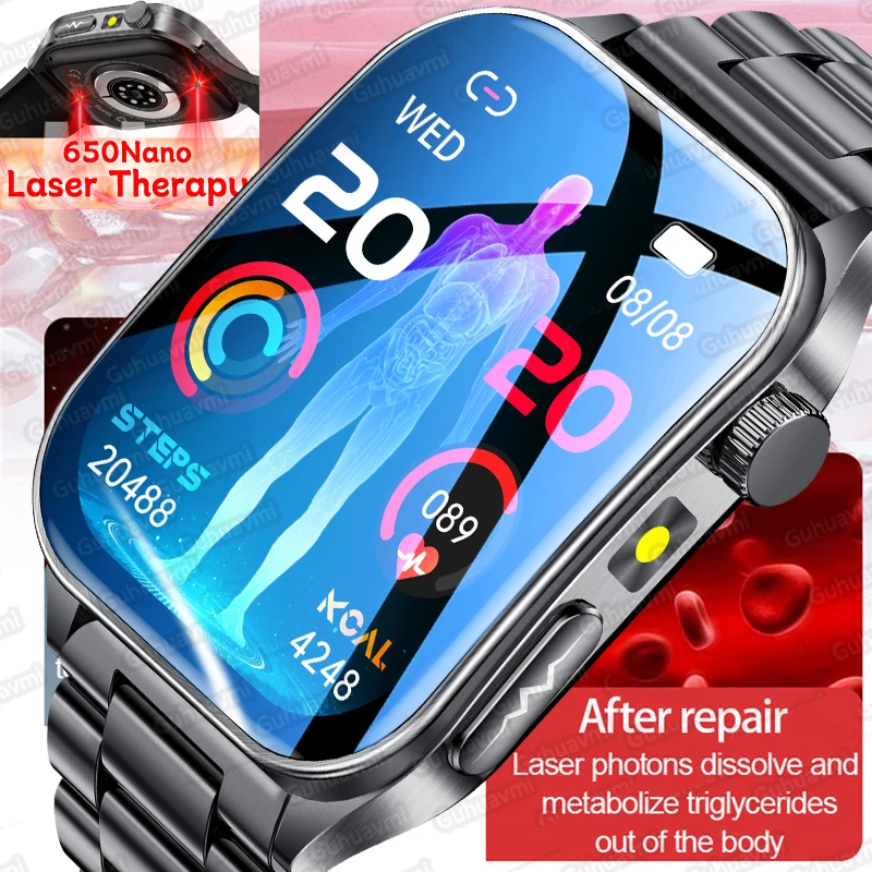 2025New 650nm تكييف الليزر الياقوت الزجاج ساعة ذكية الرجال ECG معدل ضربات القلب مايكرو الامتحان البدني الصحة Smartwatch درجة الحرارة