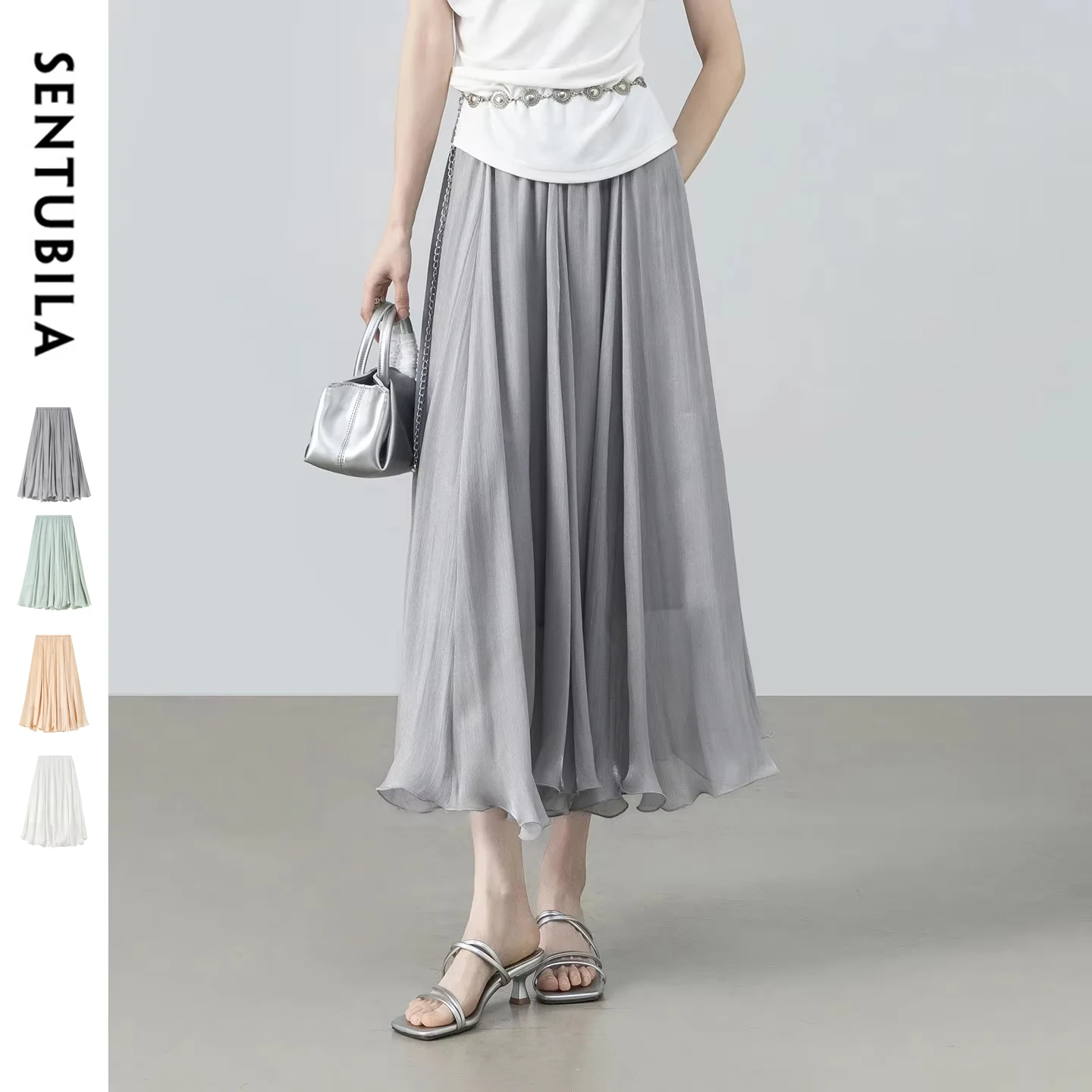 

SENTUBILA Women's Gray Elegant Skirt 2026 Summer Elastic Waist Sheen Flowy A Line Long Skirt for Woman Ladies Clothes 162QG4909