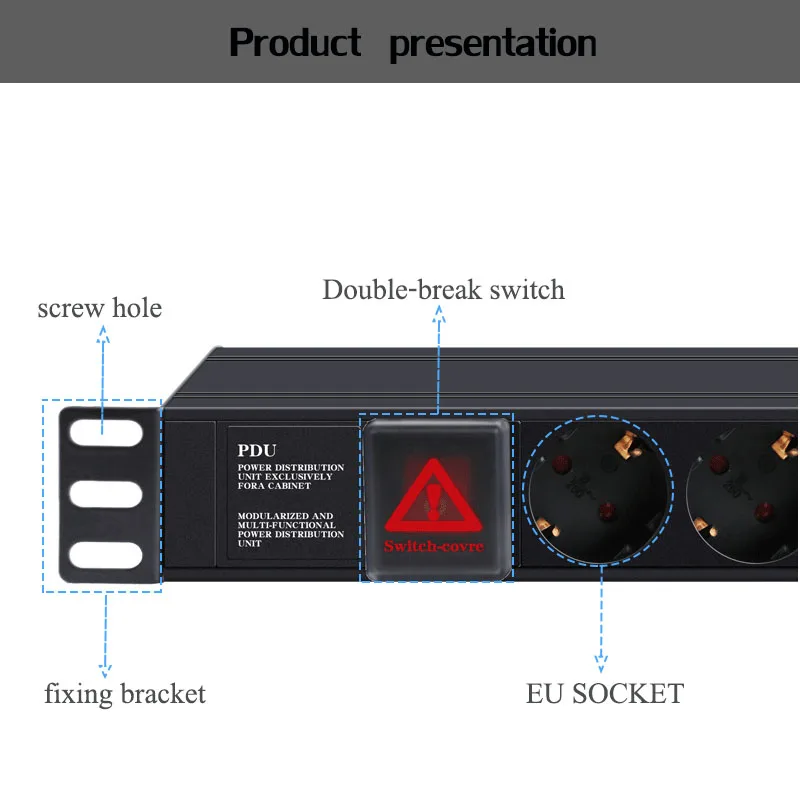 19in Network Cabinet Rack Mount Power Strip Distribution PDU Socket 16A 8 Unit European Standard Outlet Switch 2M Extension Cord