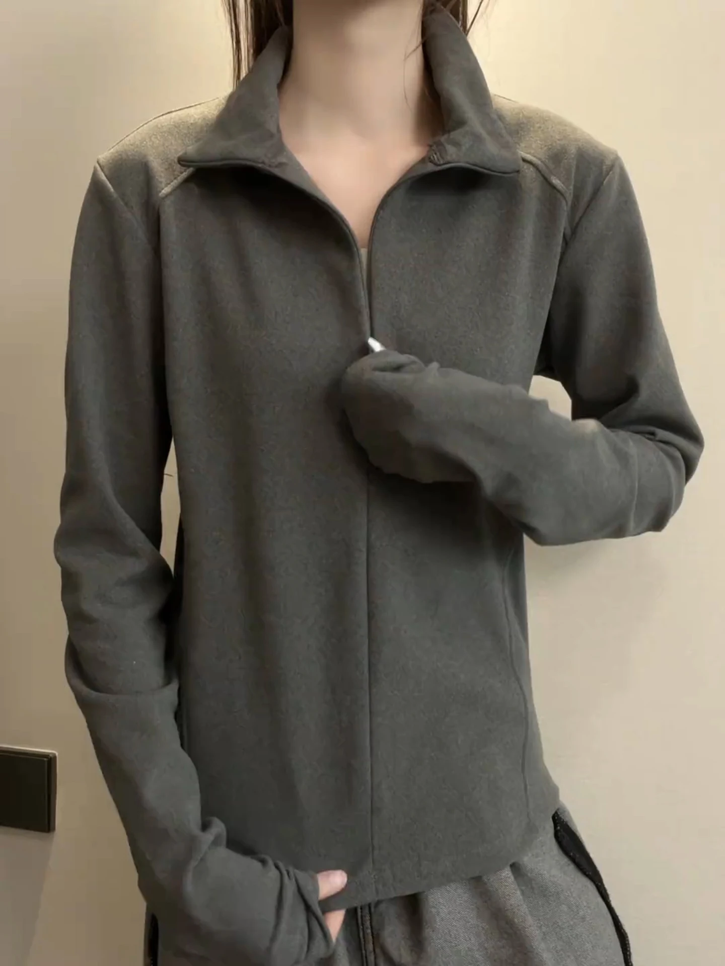Deep ey Zippered Stand Collar Sports Long Sve T-irt Men Women Autumn Winter Thermal Wear Comfortable Polyester Fiber