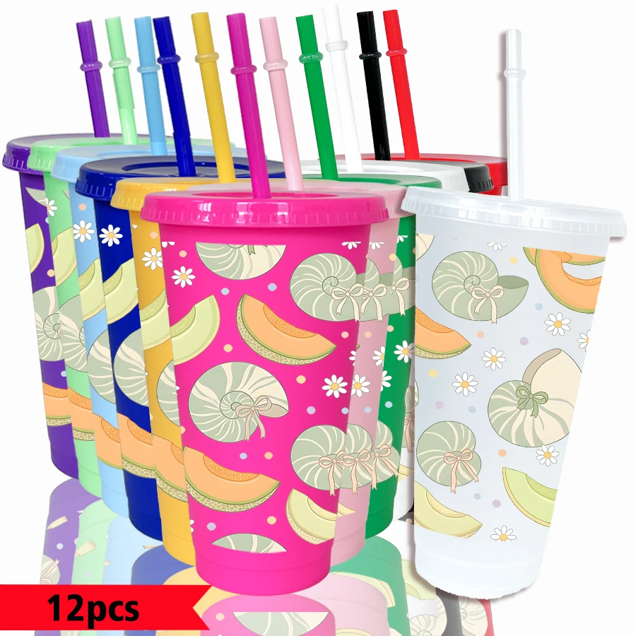 12個入り-パック-シェルカンタロープフラワーパターン-26オンス-カラフルプラスチック製パーティー用コールドドリンクカップ-新学期誕生日プレゼント用