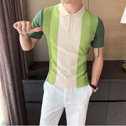 Slim Contrasting Colors Striped Korean Version Short Sleeve Lapel Simplicity All-match Handsome Trend Men's Clothing POLO Shirts