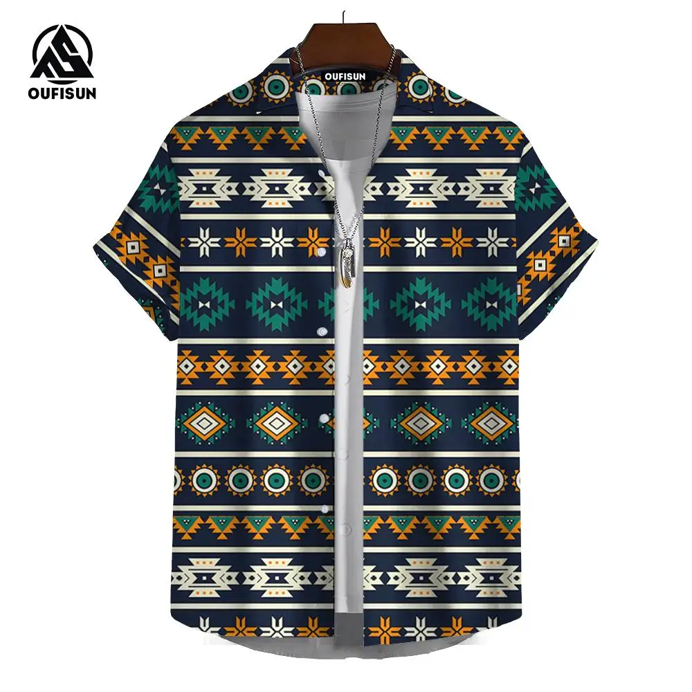 Vintage Hawaiian Shirts For Men Ethnic Pattern Printed Short Sleeve Tops Fashion Casual Men Clothing Loose Oversized Men\'s Shirt