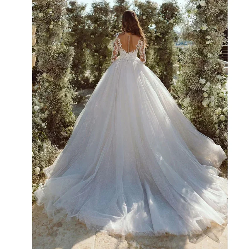 朱のカスタムメイド長袖ウェディングドレス、花嫁用Vネックボタンバックレースアップリケブライダルドレス、vestidos de novia