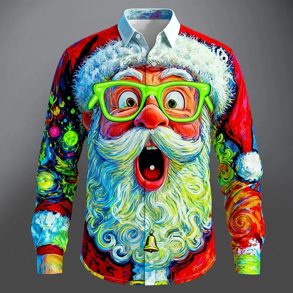 2026 Fall Casual Shirt,Christmas Men's 3D Graphic Long Sleeve,Street Style Fashion,Santa Claus Cartoon Smile Face Print Design