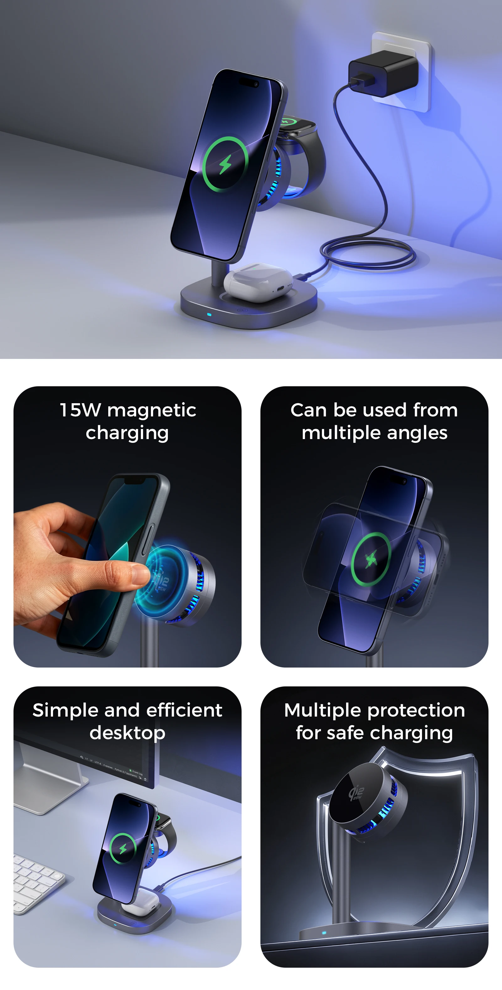 ICE Cooling Qi2.2 25W 3 in 1 Magnetic Wireless Charger Stand Fast Charging For Magsafe iPhone 17 Pro Max Apple Watch 2-8 Airpods