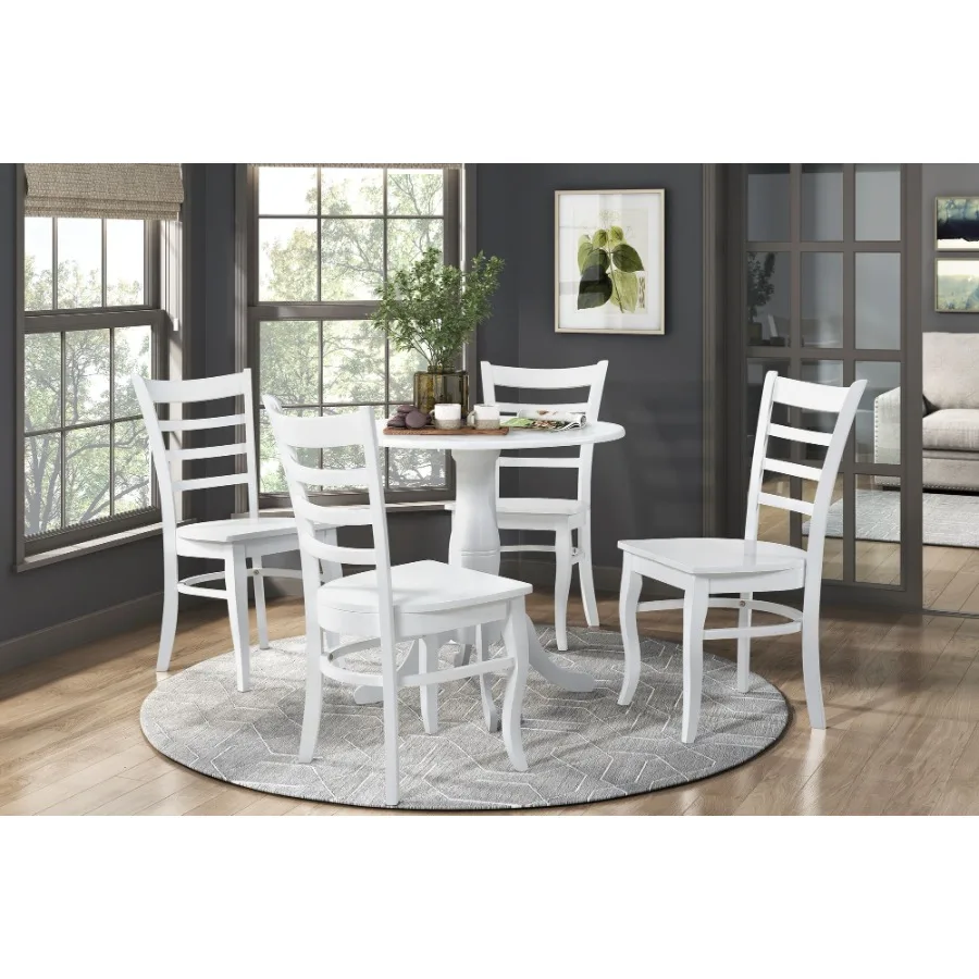 

White Finish 5pc Dining Set Round Table and 4 Chairs Set Wooden LadderBack Casual Farmhouse Style Kitchen Dining Room Furniture