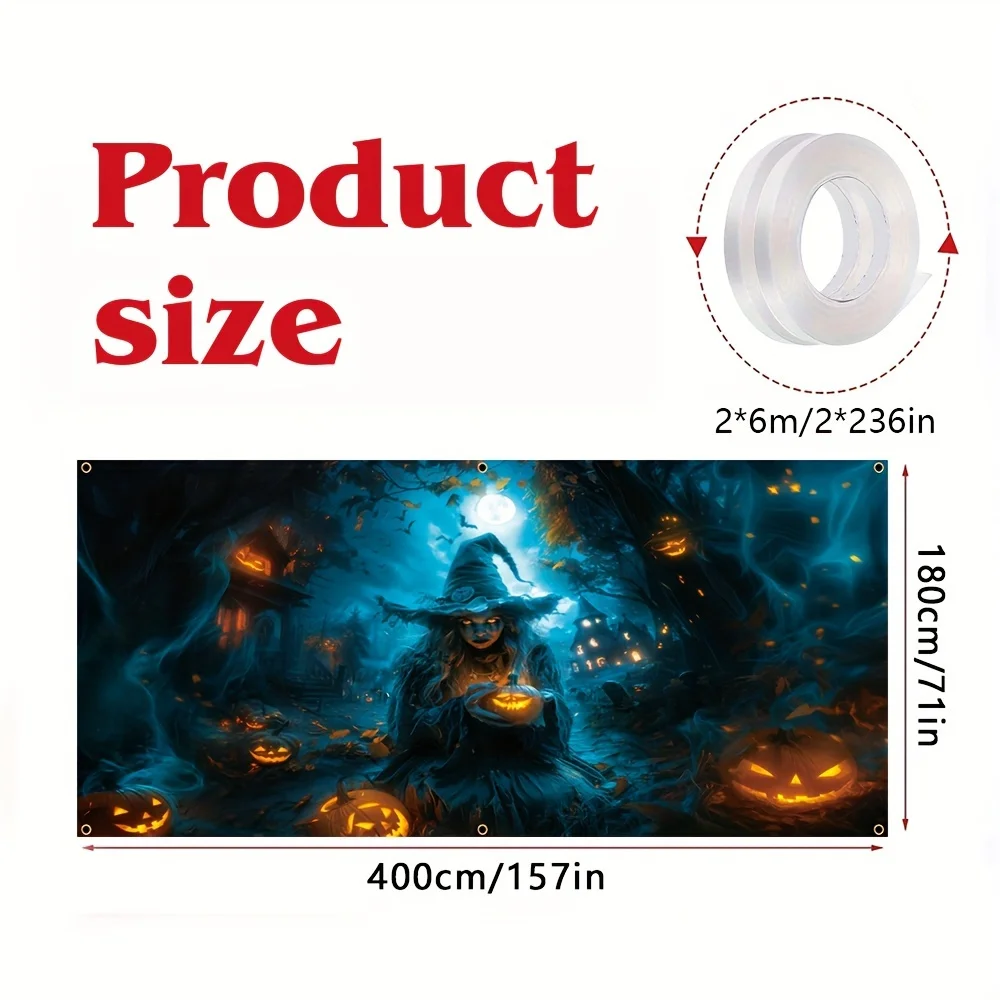 لافتة جراج الهالوين - بوليستر، تصميم فانوس اليقطين لقلعة الساحرة المخيفة، ديكور حفلات الهالوين الليلية