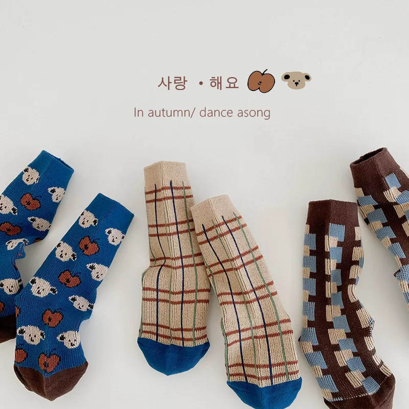 Children Socks Autumn Winter Sock Double Woven Cotton Socks Cartoon Bear Pattern Baby Boys Girls Crew Socks Warm and Cozy