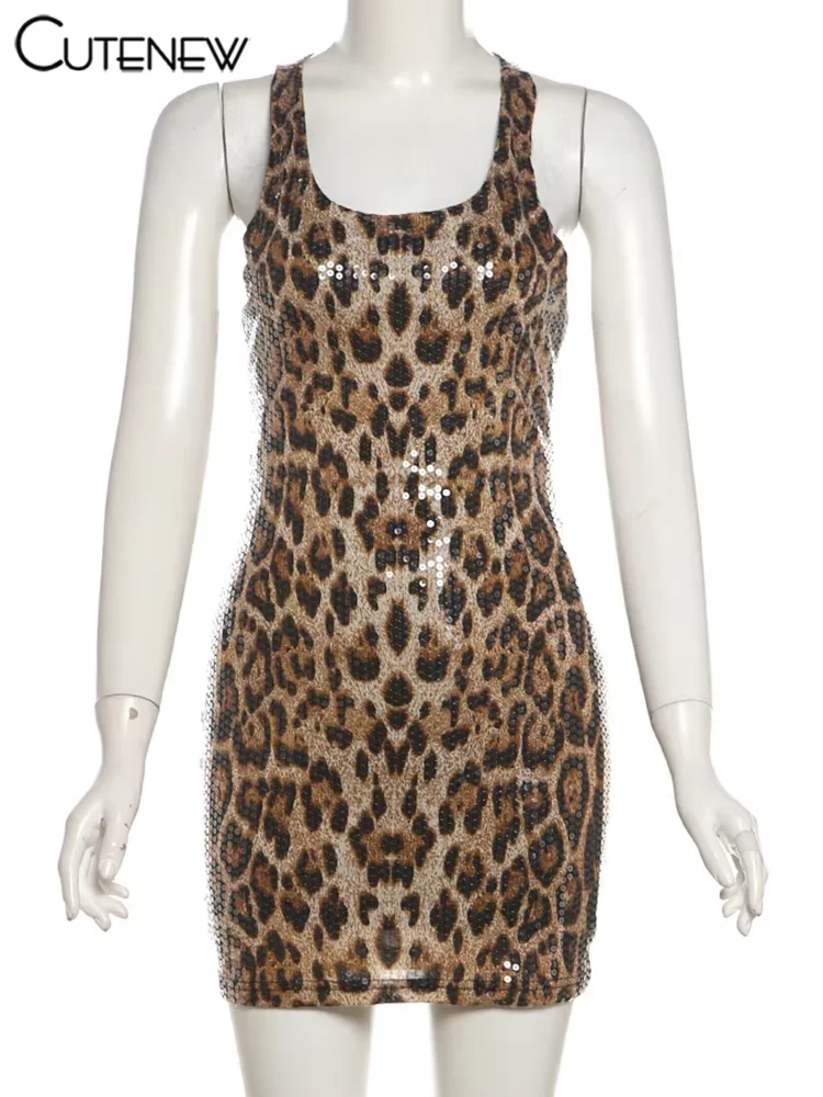 Cutenew leopardo impressão feminina mini vestido hipster popular sem mangas com decote em u corpo-shaping vestido feminino novo verão meia-noite vestidos