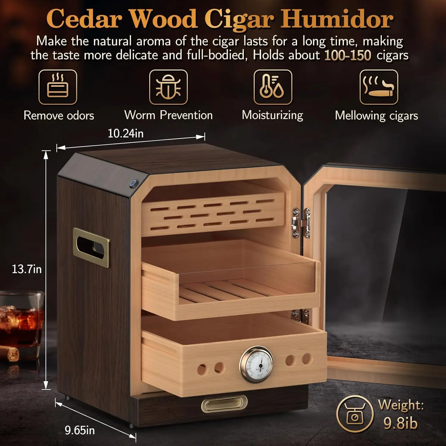 大容量シガーヒュミドール、マグネット式ドア、3層、葉巻100～150本収納可能、付属品付き