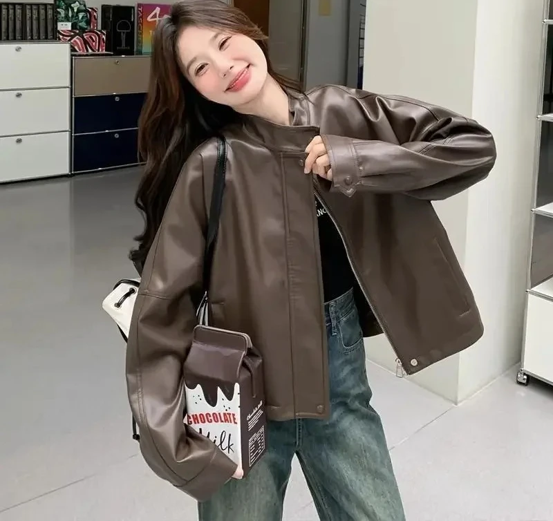 Jaqueta de couro curta marrom feminina estilo motocicleta hong kong tendência vintage americano popular casaco feminino