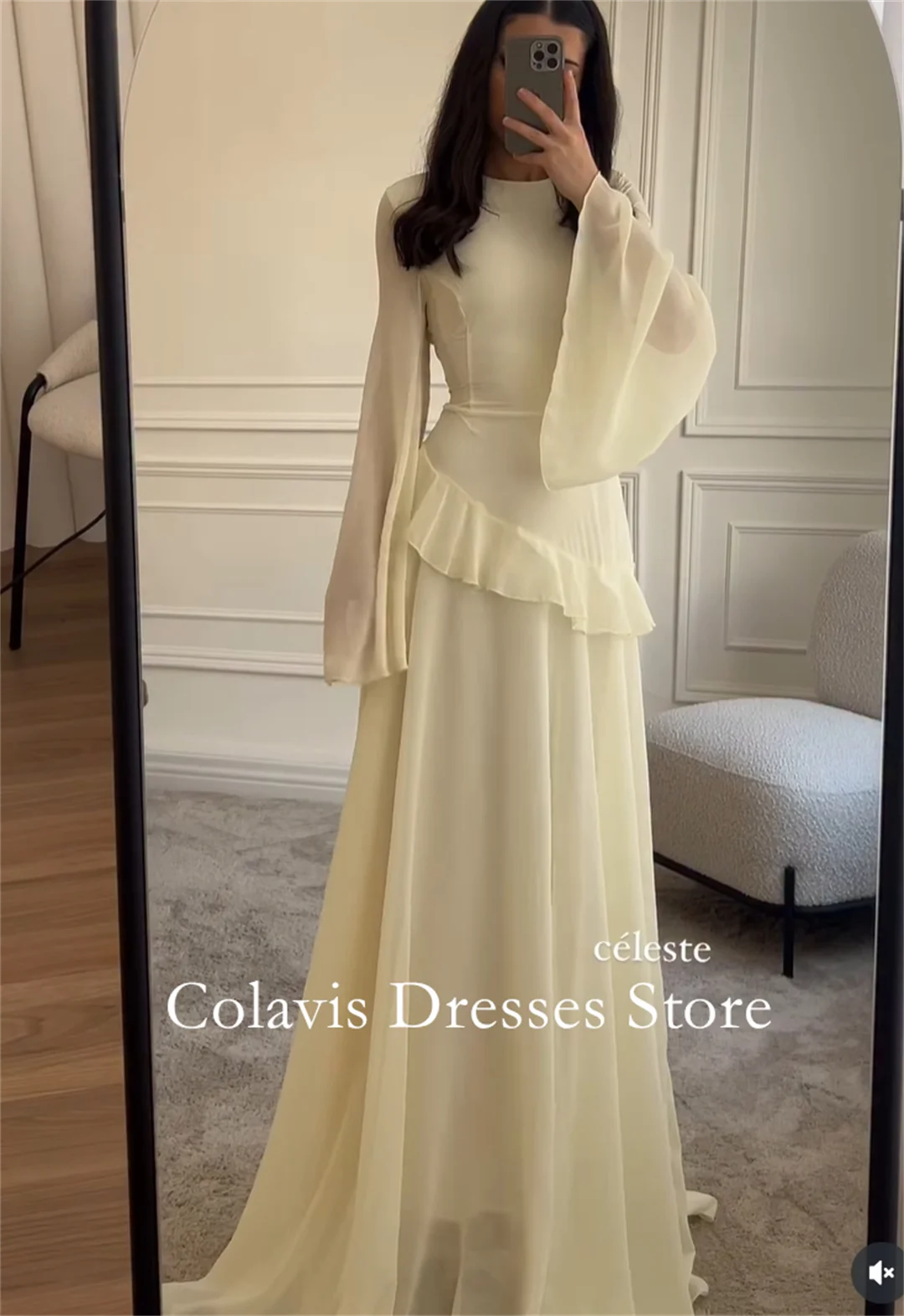 

2025 Customized High Neck Long Sleeves Chiffon Ruched Yellow Prom Dresses Evening Dress Women Evening Gowns Formal Party Dress