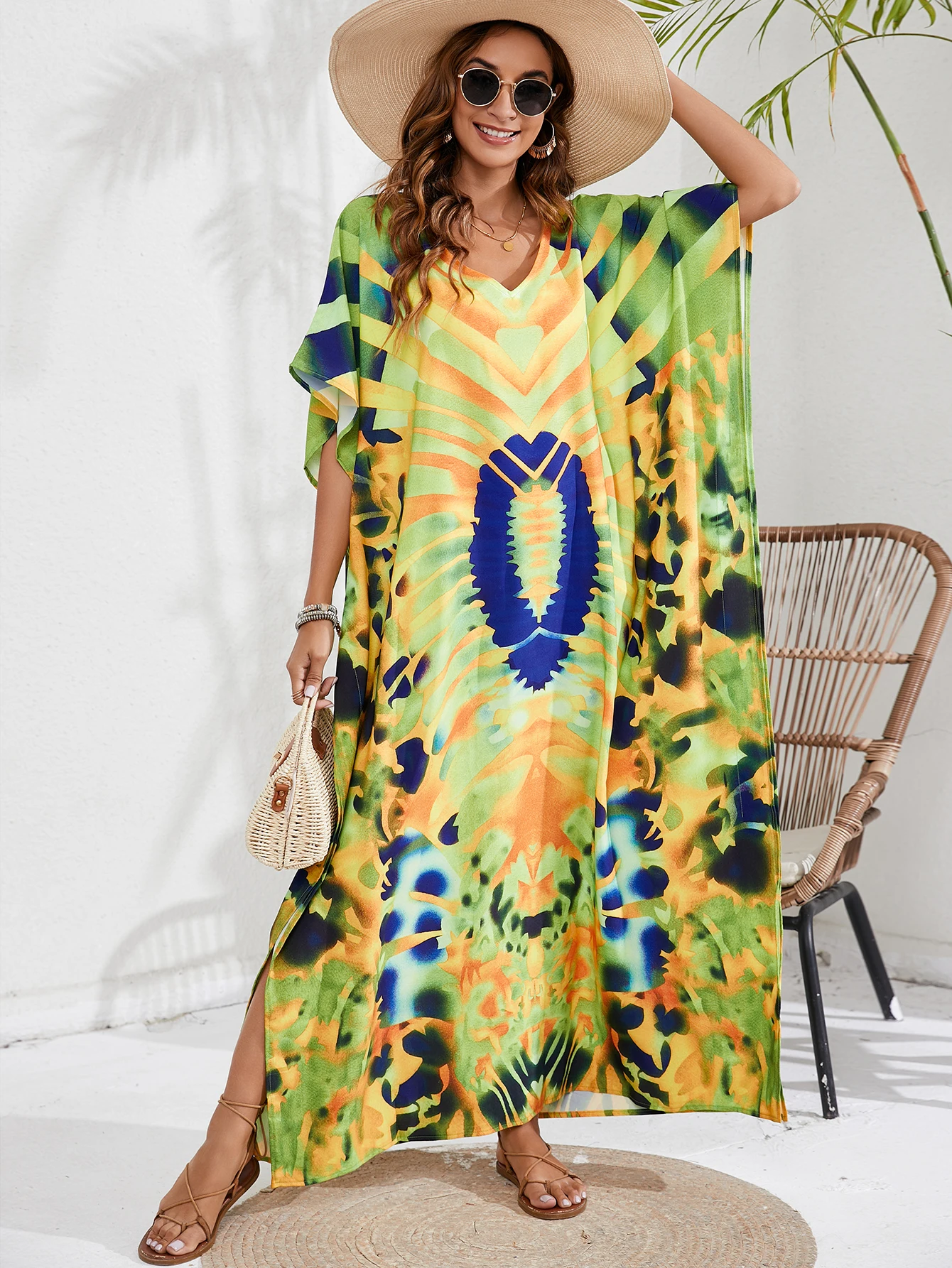 

Summer Beach Boho Ethnic Full Print V-Neck Side Slit Vacation Dress Beach Cover Up