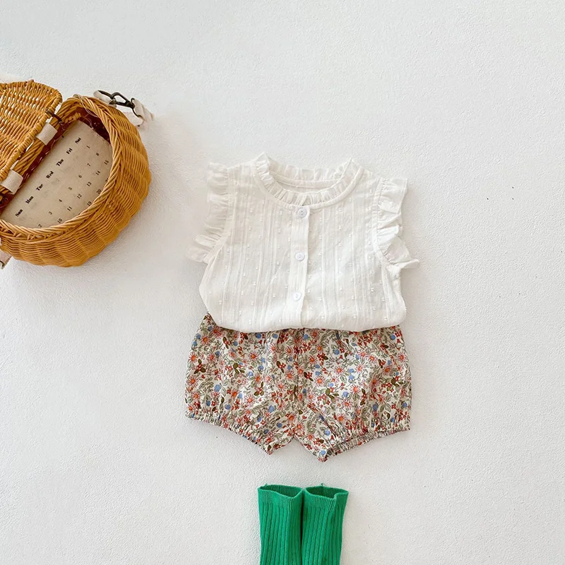 

Summer Baby Clothing Set Floral Ruffle Tee And Shorts 2Pcs For Infant Girls