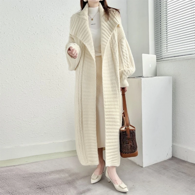 

Long Knit Cardigan Jacket for Women in Plus Size, Loose Retro Style with a Lazy Collar, Thick Sweater