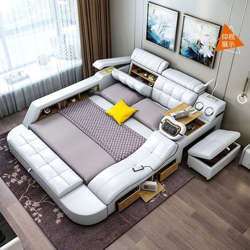 

！@Smart Leather Bed With Storage With Massage Function Bed With USB Luxury Modern Bedroom Sets With Wireless Speaker