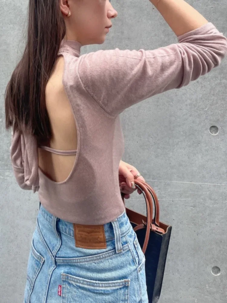 Japan Style Chic Sexy Backless Bow Lace-up Knit Pullovers Solid Slim Fit Long Sleeve Sweet Jumpers 2024 New Spring Women Sweater