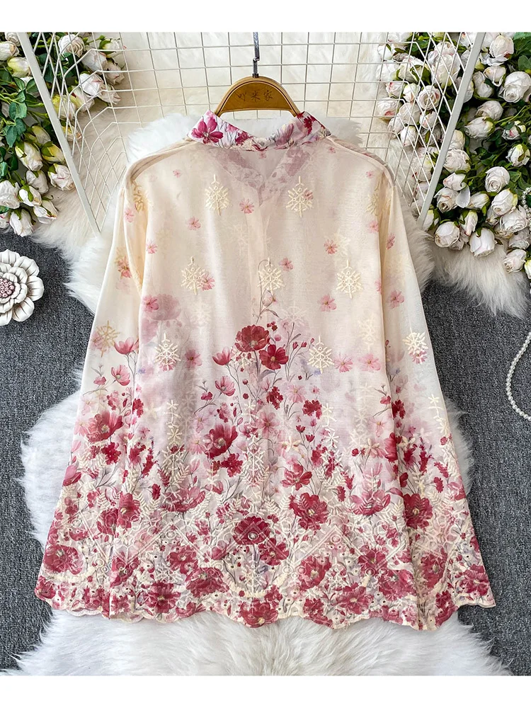 Women's Spring Shirt Korean Version Advanced Embroidery Printed Lapel Long Sleeved Shirt Loose Slimming Shirt Sheer Top BL208