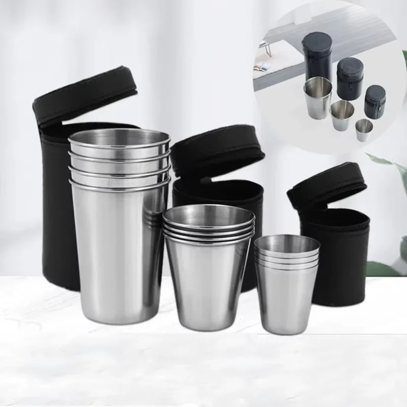 4Pcs Stainless Steel Mini Shot Cups Set with Case for Whisky Wine Camping 30ml 70ml 170ml Portable Travel Drinkware Kitchen Tool