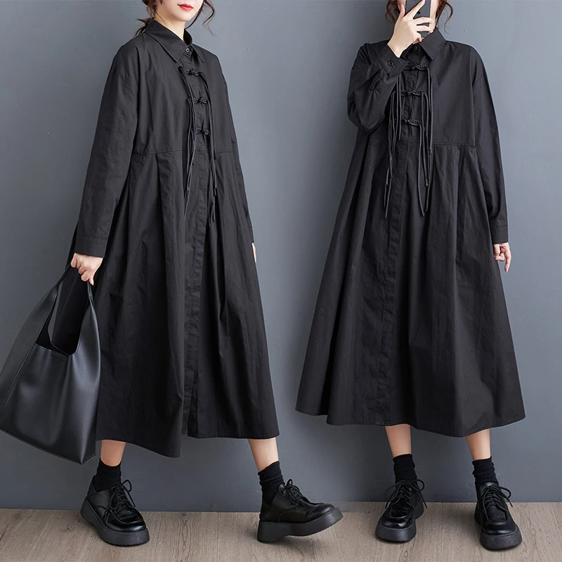 #4064 Black Vintage Long Shirt Dress Loose Buttons Turn-down Collar A-line Dress Long Sleeve Loose Retro Midi Dress Split Joint