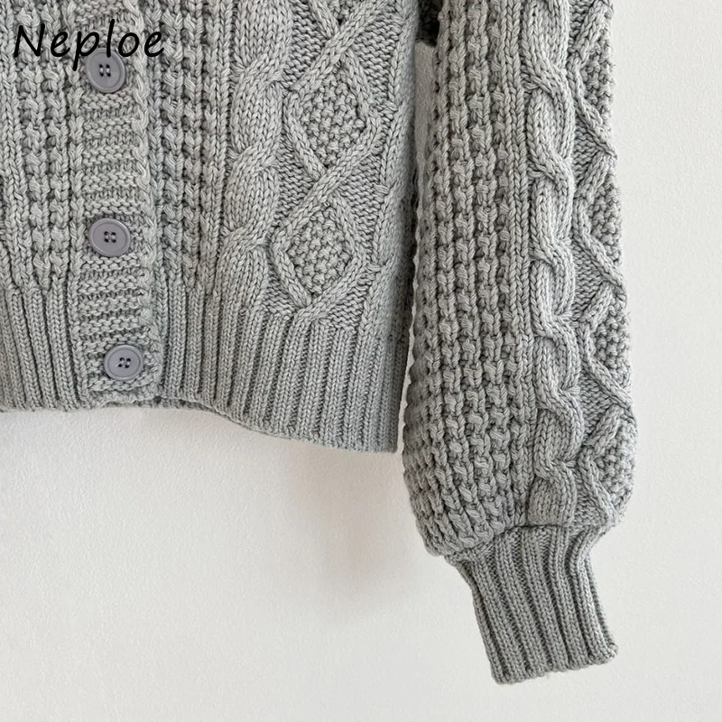 Neploe Loose Lantern Sleeve Twist Sweater Coat Female Autumn 2024 Korean Style Chic Knitted Cardigan Woman V-neck Short Sweater