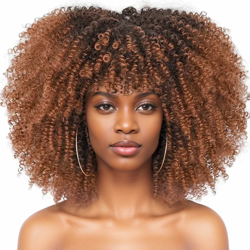 Peruca Afro Kinky Curly com Franja para Mulheres Negras, Cosplay Curto, Cabelo Natural, Loiro Colorido, Rosa, Perucas Sintéticas