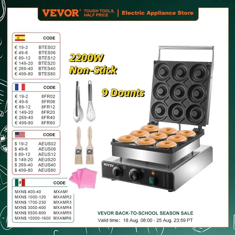 VEVOR 9PCS Commercial Electric Donut Maker Professional 9cm Donuts Making Machine Circle Rings Double-sided Heating Gaufriers