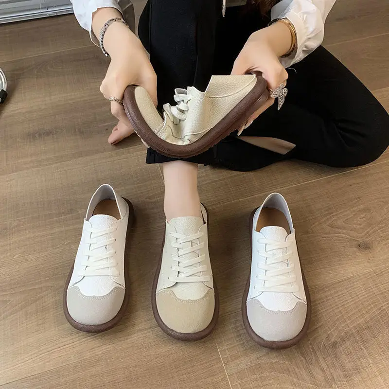 

Brand autumn soft leather moccasins woman wide toe lace up patched sneakers ladies chunky oxford sneakers zapatos mujer cómodos