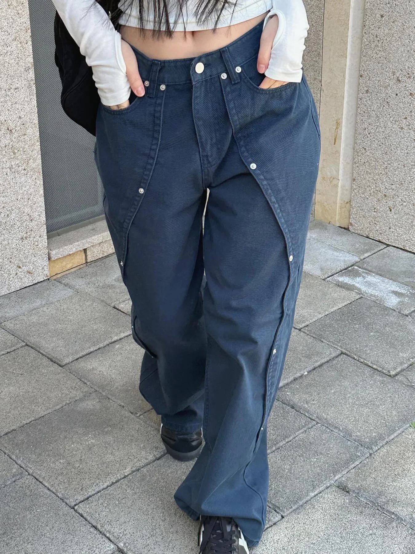 

Женские повседневные свободные широкие джинсы с заклепками, базовые прямые брюки с низкой талией, уличная одежда, женские брюки