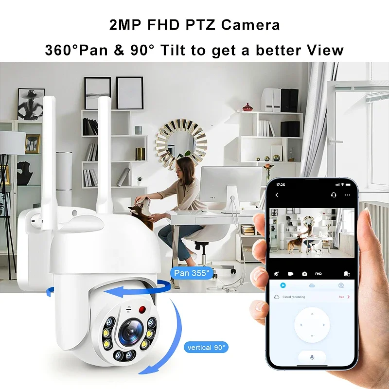 Câmera de segurança wi-fi ip 1080p, câmera de vigilância de segurança sem fio ptz, câmeras ip66, rastreamento de áudio bidirecional, hd, noite, colorida