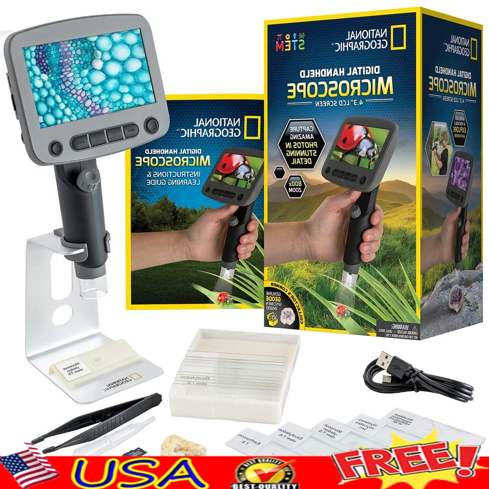 Digital Microscope Kids 40-Piece Handheld Portable 1080p Camera & Video Capture 800X Magnification LED Light Metal Stand