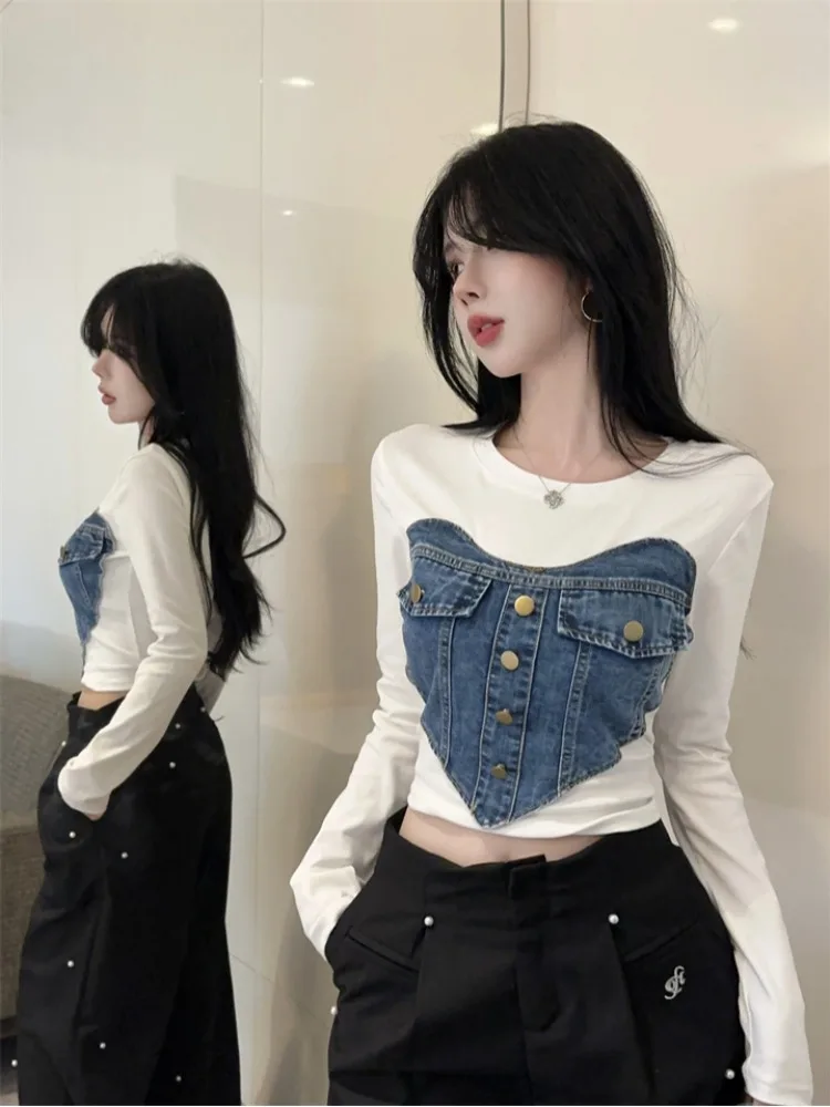 

Slim Fit Denim Patchwork Base irt Women's Long Sve round Ne ort T-irt Spring Faion Design Korean Sle Top