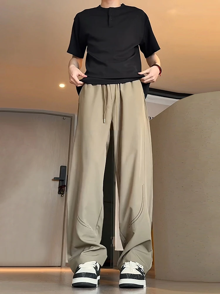 

Мужские летние брюки цвета хаки из ледяного шелка с прямым кроем, быстросохнущие, с лазерной обработкой, дышащие, повседневные, с высокой талией, свободного кроя