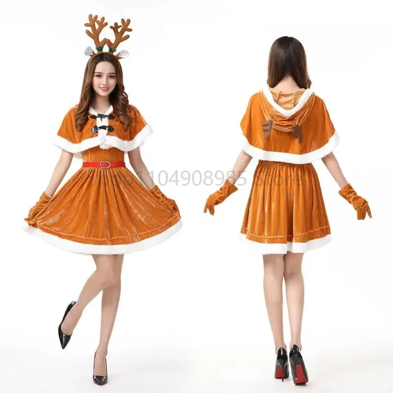 

Santa Girl Christmas Cosplay Costume Women Reindeer Brown Dress Uniform Deer Elk Hooded Shawl Cute Outfits Carnival Dress Up